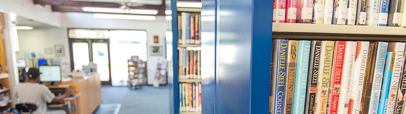 A library interior with a focus on a bookshelf filled with books. In the background, a person is seated at a desk using a computer, with another bookshelf and entrance doors visible.